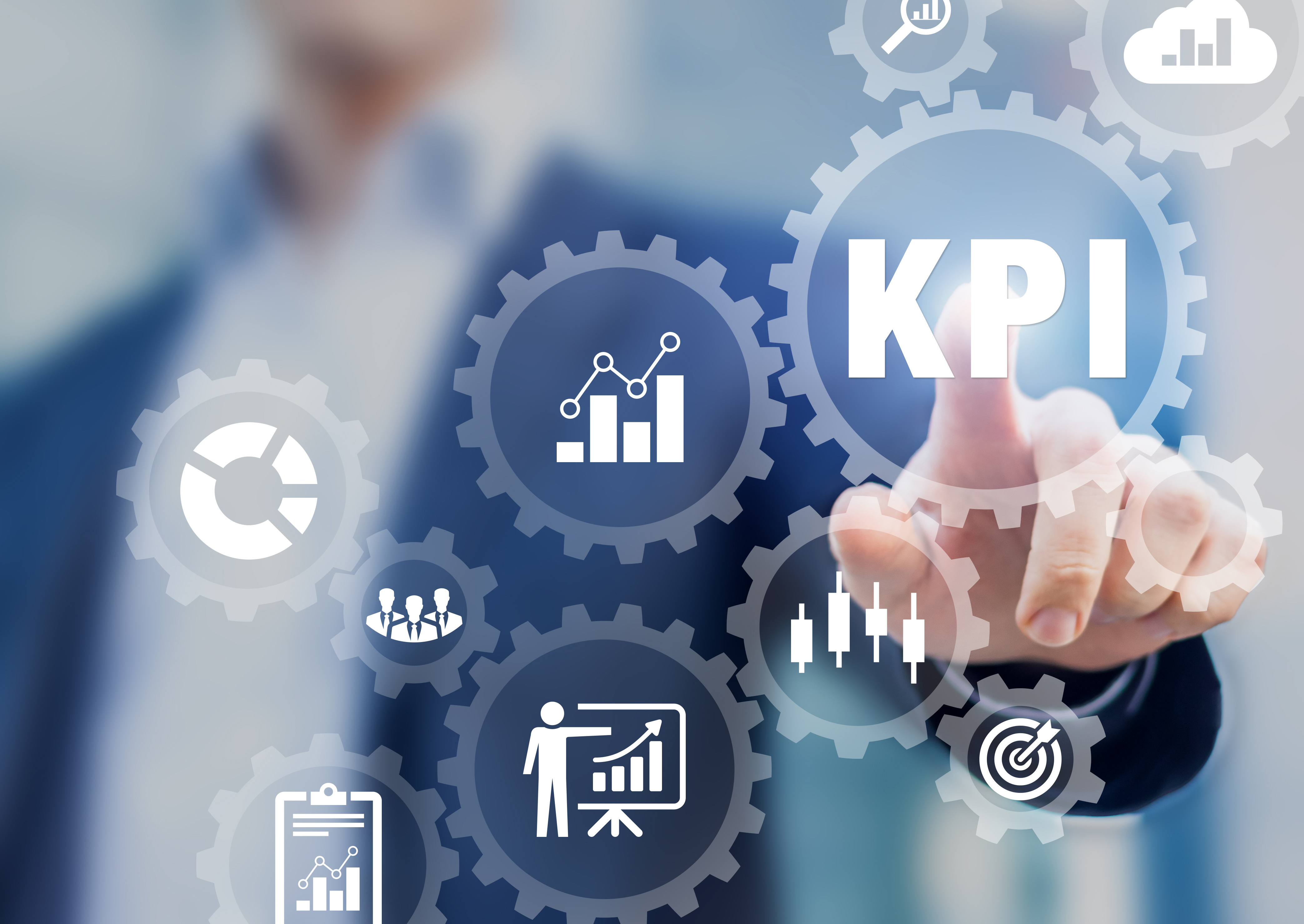 KPI Key Performance Indicators presentation, business development strategy, metrics measuring production, sales, efficiency against planned targeted achievements, BI consultant touching icons